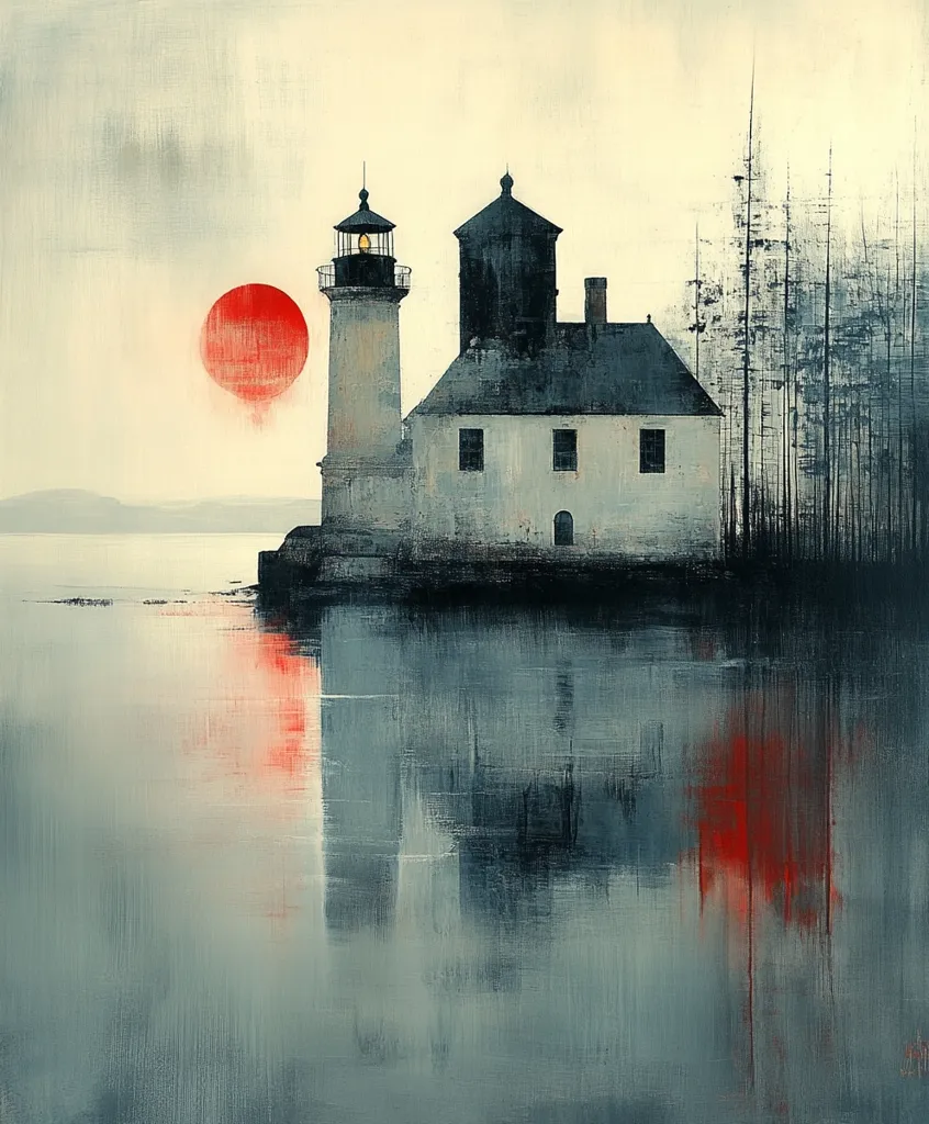 A solitary lighthouse stands on a rocky coast, its white walls contrasting with the dark, brooding sky.  A large, red sun descends towards the horizon, casting a warm glow on the calm water.  Silhouetted trees stand guard nearby, adding to the serene yet slightly melancholic atmosphere. The painting's muted palette emphasizes a sense of quiet contemplation and the passage of time.