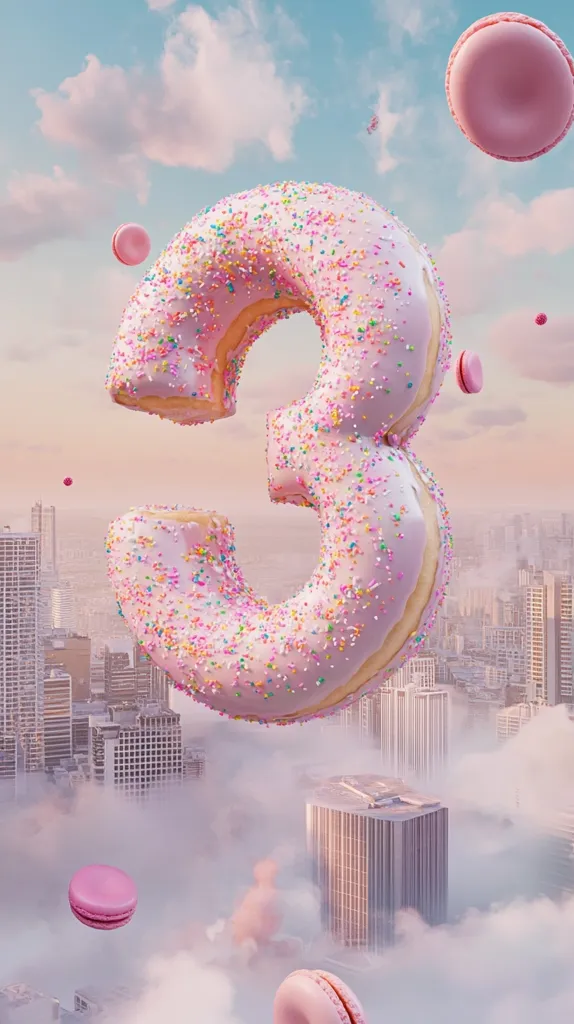 A giant, pink, sprinkle-covered donut shaped like the number three floats above a city shrouded in clouds.  Smaller pink macarons drift around the donut and through the hazy cityscape, creating a whimsical, surreal scene.  The overall aesthetic is pastel and dreamy, suggesting a fantastical, confectionery world.