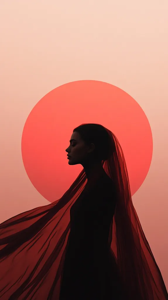 A woman's silhouette is partially veiled in a crimson fabric, her profile turned to the left. She stands before a large, bright coral circle set against a pale pink background.  The image is minimalist and evocative, creating a sense of mystery and elegance through its strong use of color and shadow. The overall mood is serene and slightly melancholic.