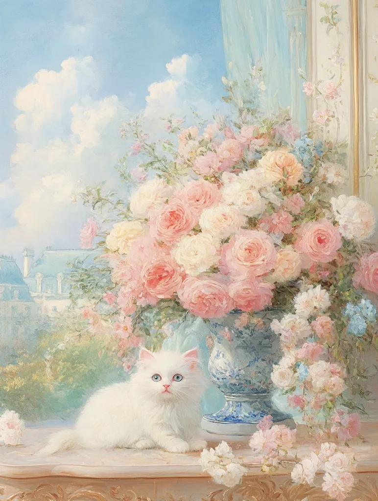 A painting depicts a fluffy white kitten sitting on a table beside a vase overflowing with pastel pink and white roses and other delicate flowers. The background shows a soft blue sky with fluffy clouds and a glimpse of a cityscape through a window, creating a dreamy, romantic atmosphere.  The overall style is soft and impressionistic, emphasizing light and color.