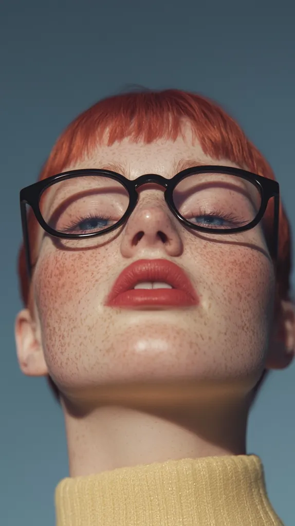 Close-up view of a person with vibrant red hair cut in a short, straight fringe.  They wear black, round eyeglasses and have light skin generously dotted with freckles.  Their lips are painted a muted coral shade. The individual is wearing a pale yellow turtleneck sweater, and the background is a muted blue. The image is sharply focused on the face, creating a striking portrait.