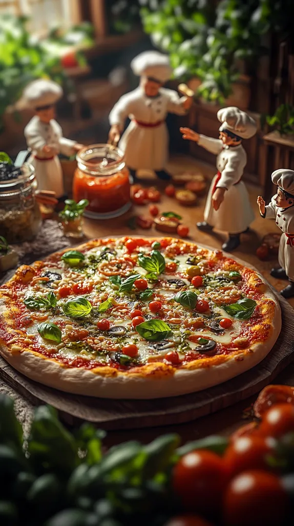 A delicious pizza, adorned with fresh basil, cherry tomatoes, and mushrooms, takes center stage.  Surrounding it are miniature chef figurines, jars of ingredients, and vibrant vegetables. The scene evokes a rustic, Italian kitchen setting, emphasizing the freshness and homemade nature of the pizza.  The warm lighting enhances the appetizing appearance of the food.
