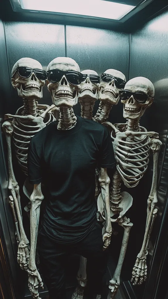 A person wearing a black shirt is surrounded by four skeletons in an elevator.  Each skeleton wears sunglasses. The scene is dark and moody, with the metallic elevator walls reflecting the dim light. The image is striking and slightly surreal, with a blend of macabre and fashion elements.  The skeletons appear to be playfully flanking the individual.