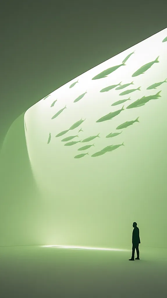 A minimalist artwork depicts a lone figure silhouetted against a pale green background.  A curved wall, subtly lit, showcases a school of fish swimming, their forms softly rendered. The scene evokes a sense of calm contemplation and the subtle interplay between nature and architecture. The overall color palette is muted and serene.