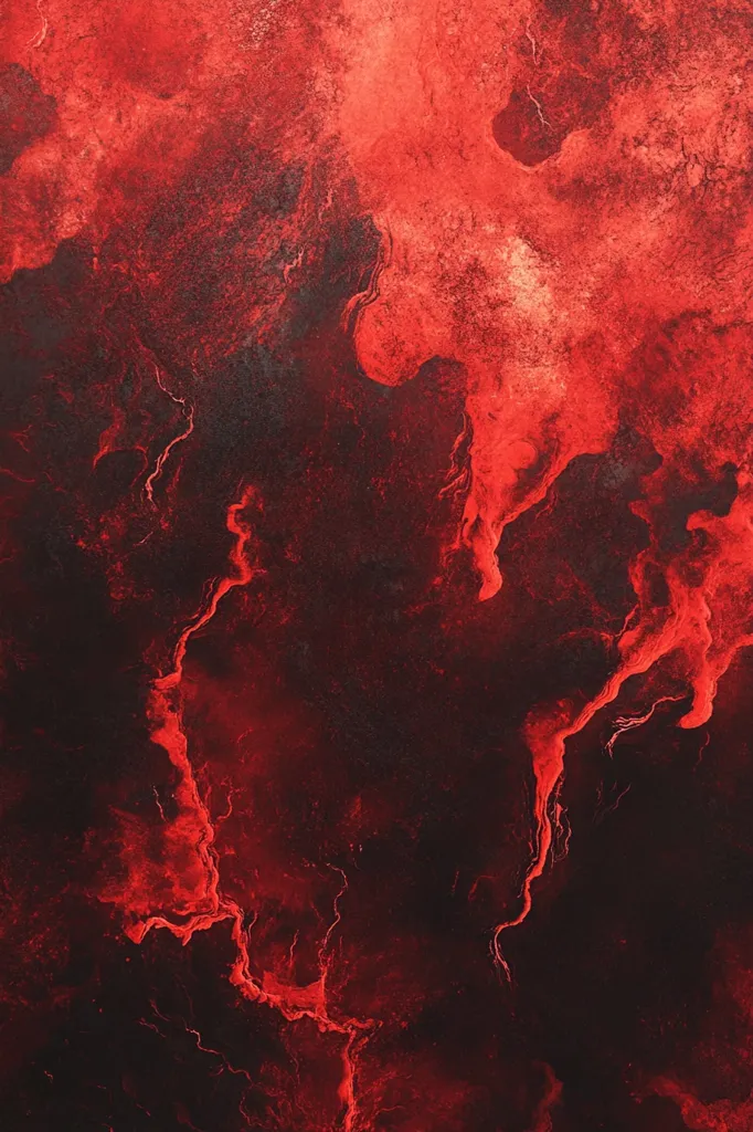 An abstract image dominated by deep reds and blacks.  The texture resembles a turbulent, fiery landscape or a swirling, marbled effect.  Intense red streaks and veins flow across the dark background, creating a dramatic and intense visual. The overall mood is dark, intense, and possibly ominous.