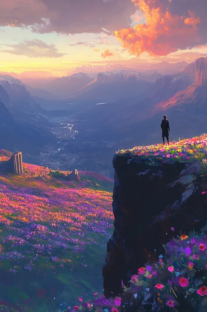 A lone figure stands on a cliff overlooking a vibrant valley.  Fields of purple and pink wildflowers stretch to the horizon, dotted with ancient ruins.  Mountains rise in the distance, bathed in the warm light of a sunset.  A dramatic, orange-hued cloud hangs in the sky, enhancing the scene's ethereal beauty.  The overall impression is one of peaceful solitude and breathtaking natural wonder.