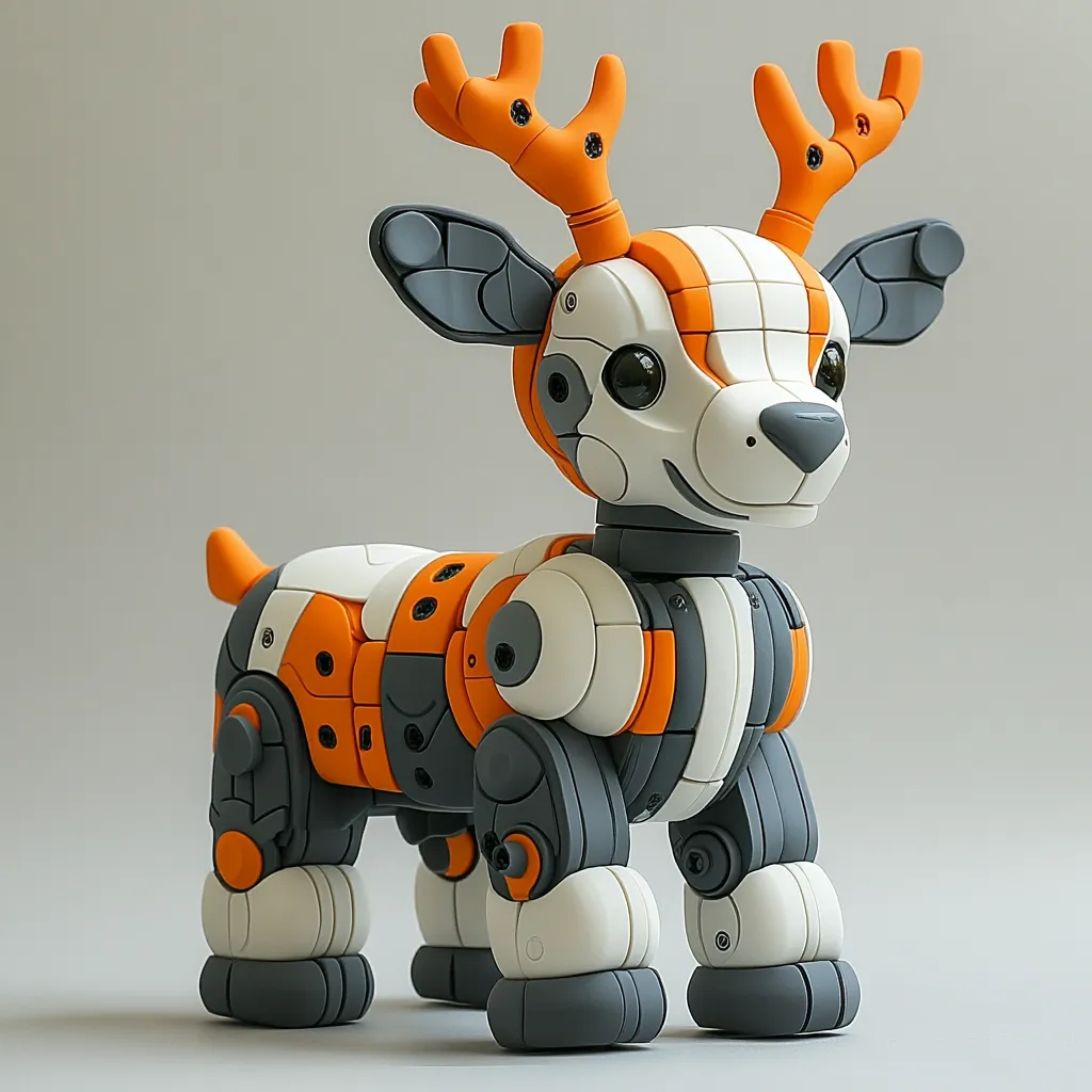 A robotic deer-dog hybrid toy stands on a light gray surface.  Its segmented body is primarily white, orange, and gray, with visible joints and screws.  Large, expressive eyes and orange antlers complete the playful design. The toy appears to be made of plastic or a similar material, suggesting a robust and durable construction. Its rounded form conveys a friendly and approachable aesthetic.