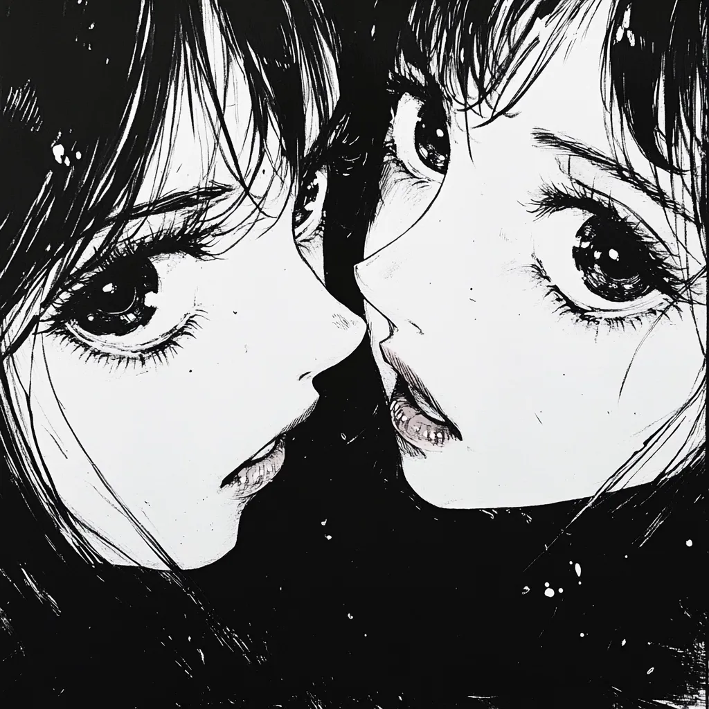 A black and white illustration showcases two anime-style female faces in close proximity, their expressions intense and eyes large and expressive.  The style is detailed, using varying line weights and shading to create depth and contrast. Their dark hair flows around them, merging with the black background speckled with white dots. The overall mood is one of mystery and intimacy.
