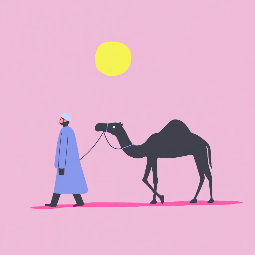 A stylized illustration depicts a man in a long blue robe leading a black camel across a pink landscape under a yellow sun.  The figures are simple, flat shapes against a minimalist background, creating a serene and slightly whimsical scene. The overall style is modern and graphic.