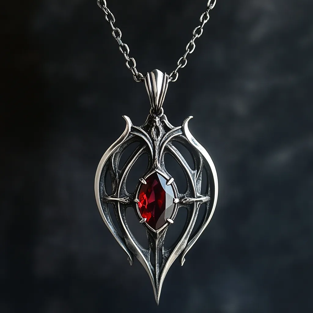 An ornate silver pendant necklace features a striking dark red gemstone at its center. The pendant's design is intricate and gothic, with sharp, pointed details creating a dramatic, almost skeletal, framework around the jewel.  The silver chain complements the pendant's dark aesthetic, making it a bold and eye-catching piece of jewelry.