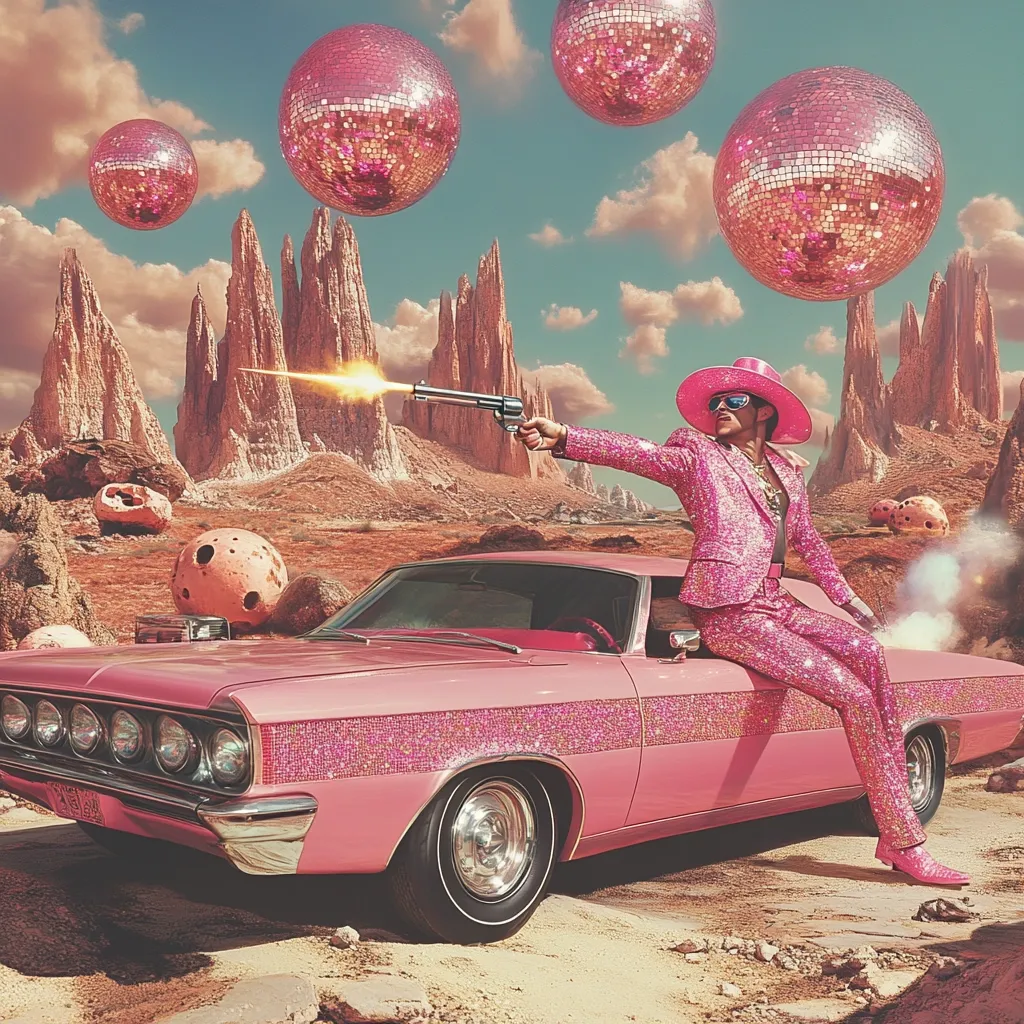 A man in a pink sequined suit and hat sits on a pink classic car in a desert landscape.  He fires a revolver, amidst a surreal scene featuring several large, pink disco balls floating in the air.  The overall aesthetic is vibrant and retro, with a blend of Western and glamorous elements. The image is striking and visually arresting.