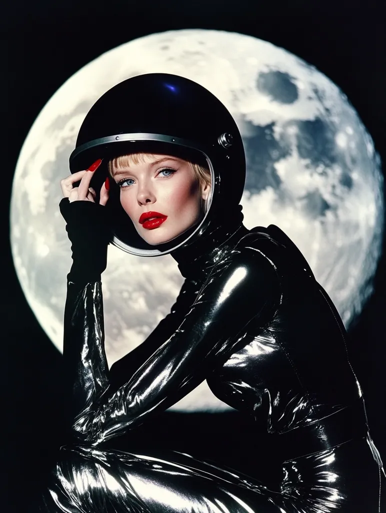 A woman in a shiny black spacesuit and helmet sits against the backdrop of a large, full moon.  Her blonde hair peeks out from under the helmet, and she wears bright red lipstick. The image has a dramatic, high-fashion, and slightly retro feel, evoking a sense of futuristic glamour and space exploration.  The contrast between the dark suit and the bright moon is striking.