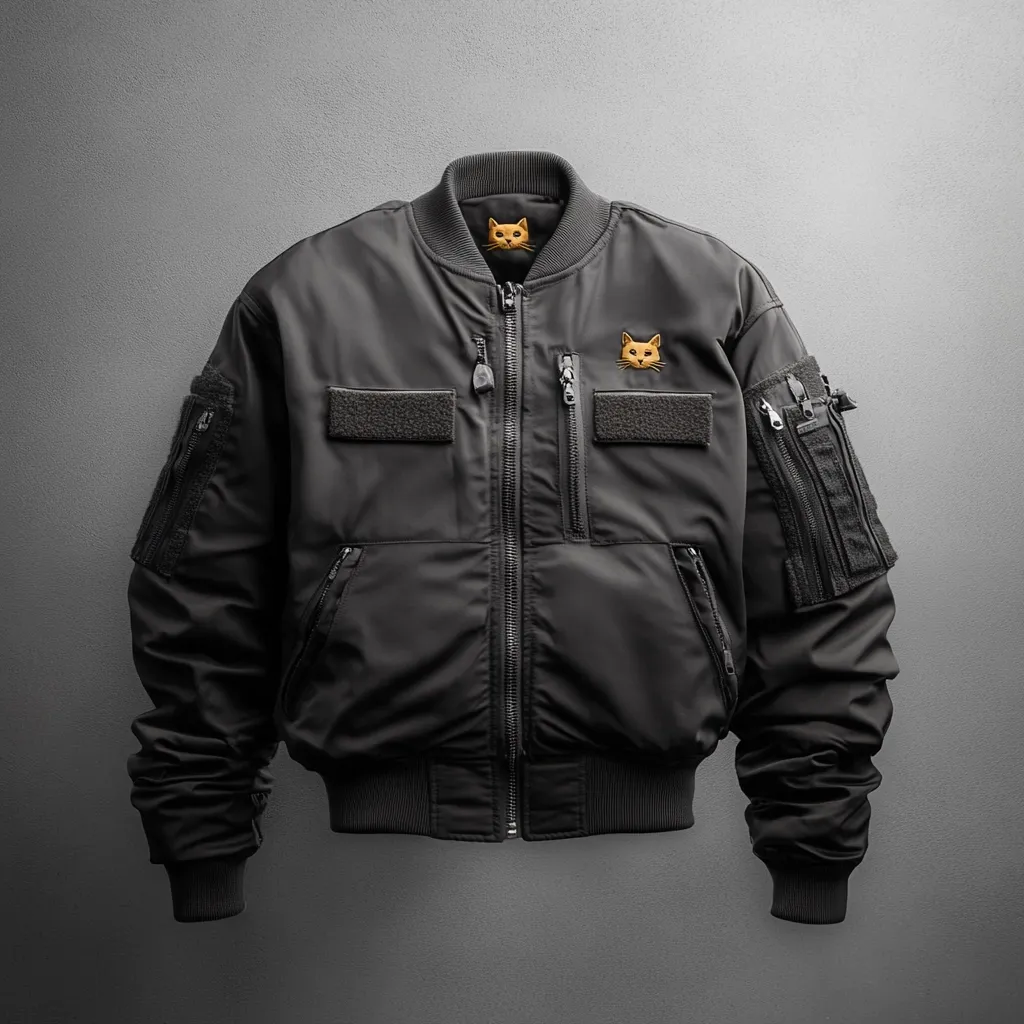A black bomber jacket hangs against a grey backdrop.  The jacket features a ribbed collar and cuffs, multiple zippered pockets, and small patches on the chest.  Two small, gold cat-face emblems are subtly embroidered near the collar and on one chest pocket. The jacket has a utilitarian, stylish appearance.