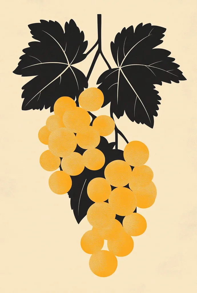 A stylized illustration of a bunch of yellow grapes hanging from a vine.  The leaves are depicted in solid black, contrasting with the textured, pale orange-yellow grapes. The overall style is minimalist and graphic, with a vintage or Art Deco feel.  The background is a soft, creamy beige.