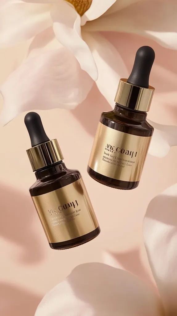 Two dark brown glass bottles with gold accents and droppers, containing My Cump! brand beauty serum, are artfully arranged against a soft pink background featuring delicate magnolia blossoms.  The bottles are slightly tilted, showcasing the product names and descriptions.  The overall aesthetic is luxurious and minimalist.