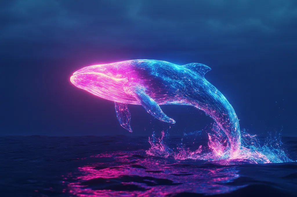 A vibrant, digital whale leaps from the ocean, its body composed of interconnected nodes of light, glowing in shades of pink and blue.  The dark water below reflects the ethereal creature, creating a surreal and captivating scene under a moody, twilight sky.  The image suggests a blend of nature and technology, showcasing a fantastical, otherworldly aesthetic.