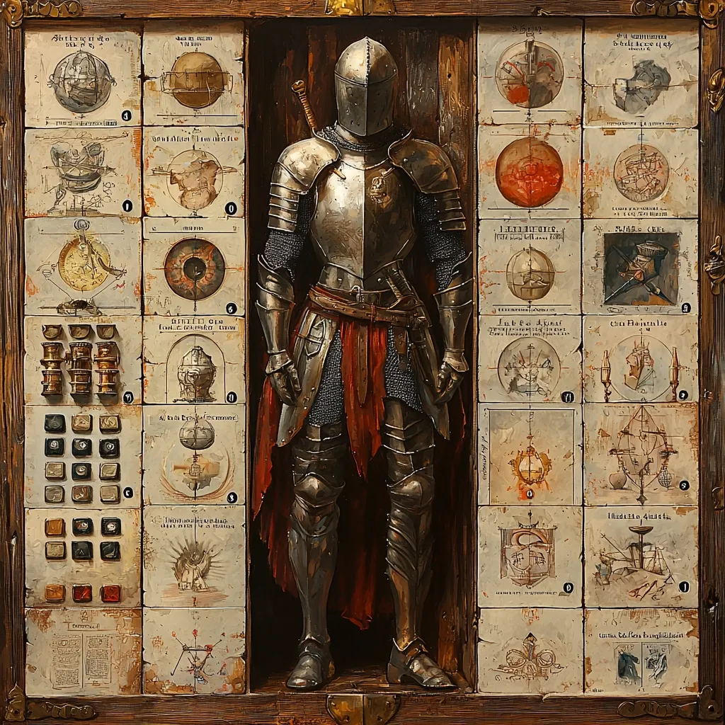 A painting depicts a knight in full plate armor standing within a wooden frame. The frame is filled with numerous sketches and diagrams, seemingly blueprints or anatomical studies, suggesting a design process or a record of creation.  The knight's armor is intricately detailed, and a muted color palette emphasizes the aged appearance of both the armor and the surrounding documents. The overall style is reminiscent of historical scientific illustrations or alchemical texts.