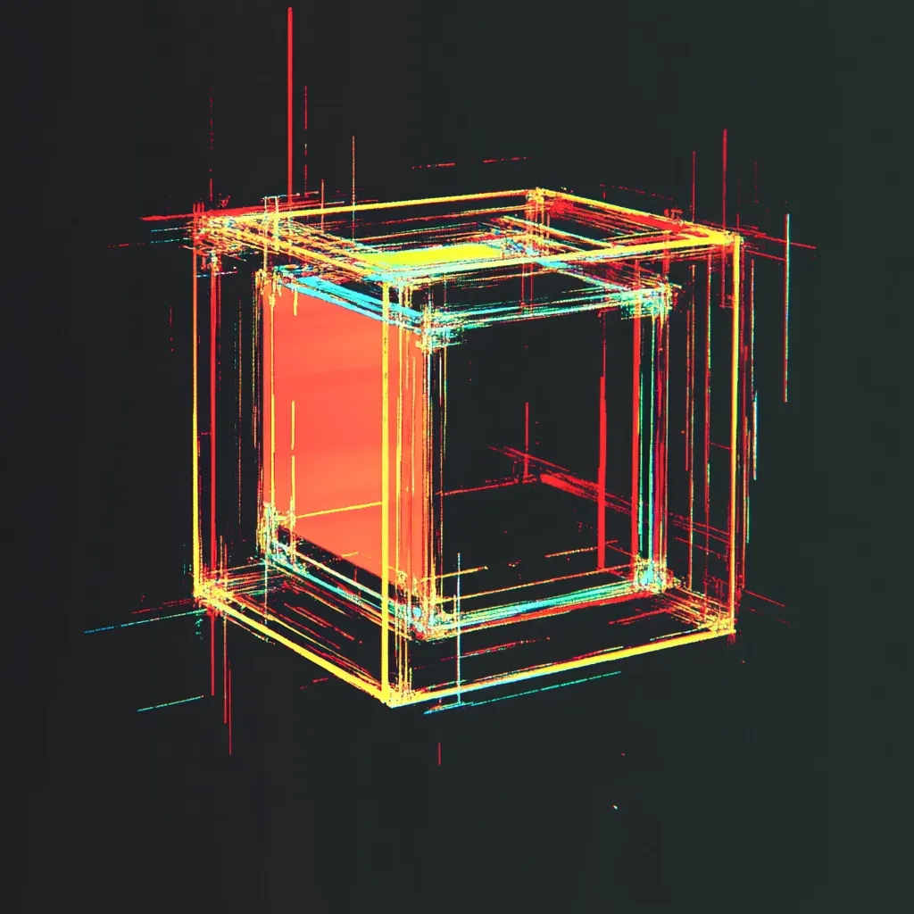 A digital rendering depicts a translucent cube, its frame composed of vibrant, multicolored lines that suggest energy or data streams.  The cube's interior glows with a warm, reddish-orange light.  The overall aesthetic is dark and futuristic, with a glitch-art effect adding to the sense of digital instability or dynamism.  The lines extend beyond the cube, creating a sense of movement and depth.