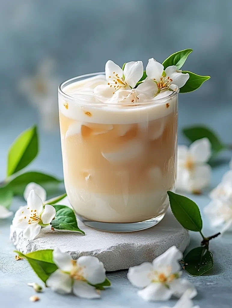 A refreshing iced latte is elegantly presented in a clear glass.  The drink is layered, showcasing a creamy top and a light brown iced tea base.  Delicate jasmine blossoms and lush green leaves adorn the glass and are scattered artfully around the drink on a light gray stone coaster, creating a serene and visually appealing scene.