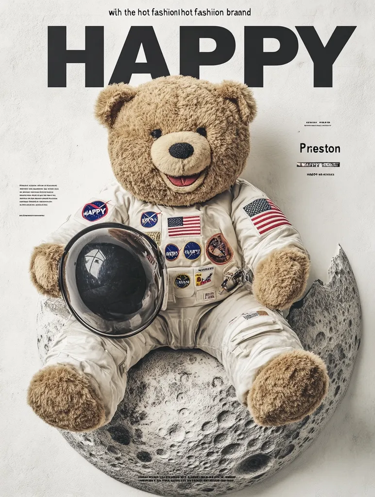 A teddy bear, dressed in a NASA astronaut suit, sits on a model of the moon's surface.  The large word "HAPPY" dominates the top of the image. The bear, named Preston, is positioned centrally, holding a helmet. The overall style is a playful juxtaposition of childhood innocence and space exploration, promoting a "Happy" fashion brand.