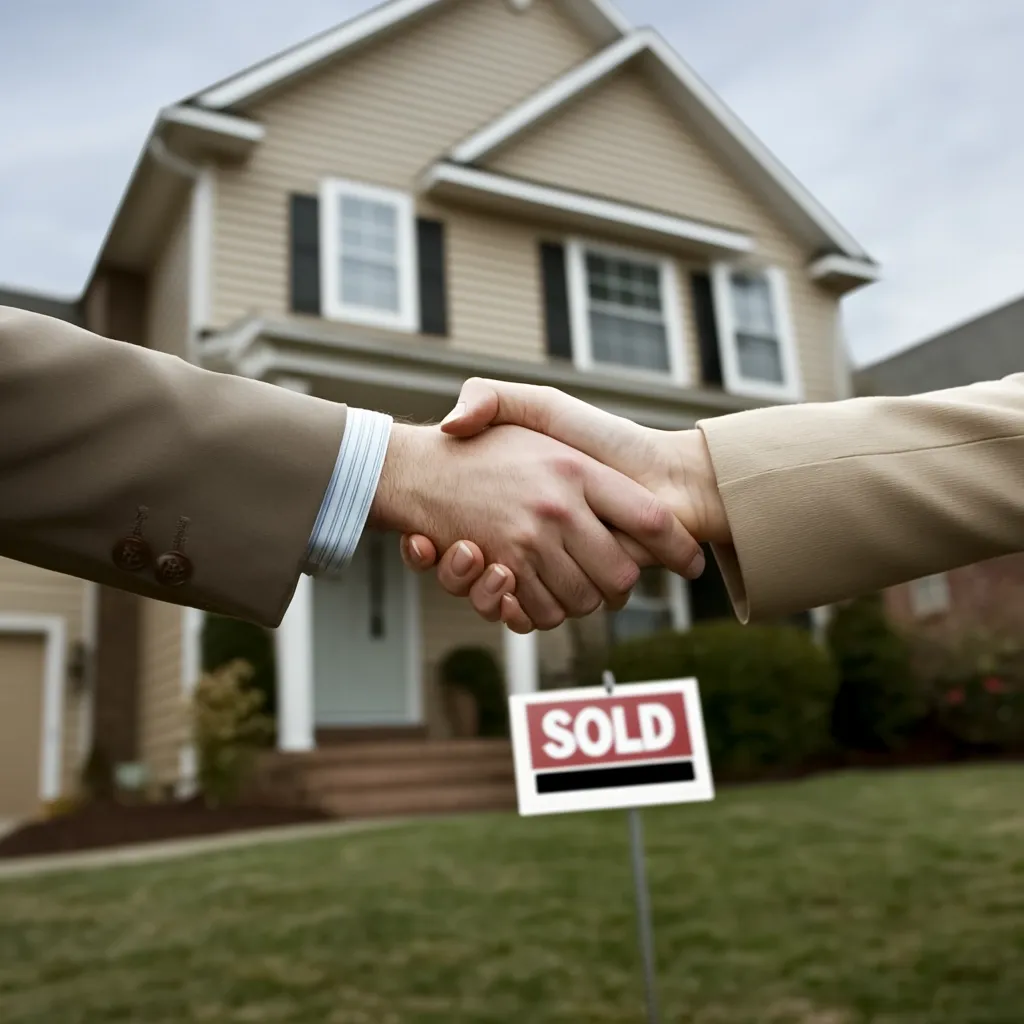 Two individuals shake hands in front of a house with a "SOLD" sign.  The handshake signifies a successful real estate transaction, symbolizing the completion of a home sale. The beige two-story house is in the background, blurred to emphasize the deal. The scene depicts the culmination of a property purchase agreement.