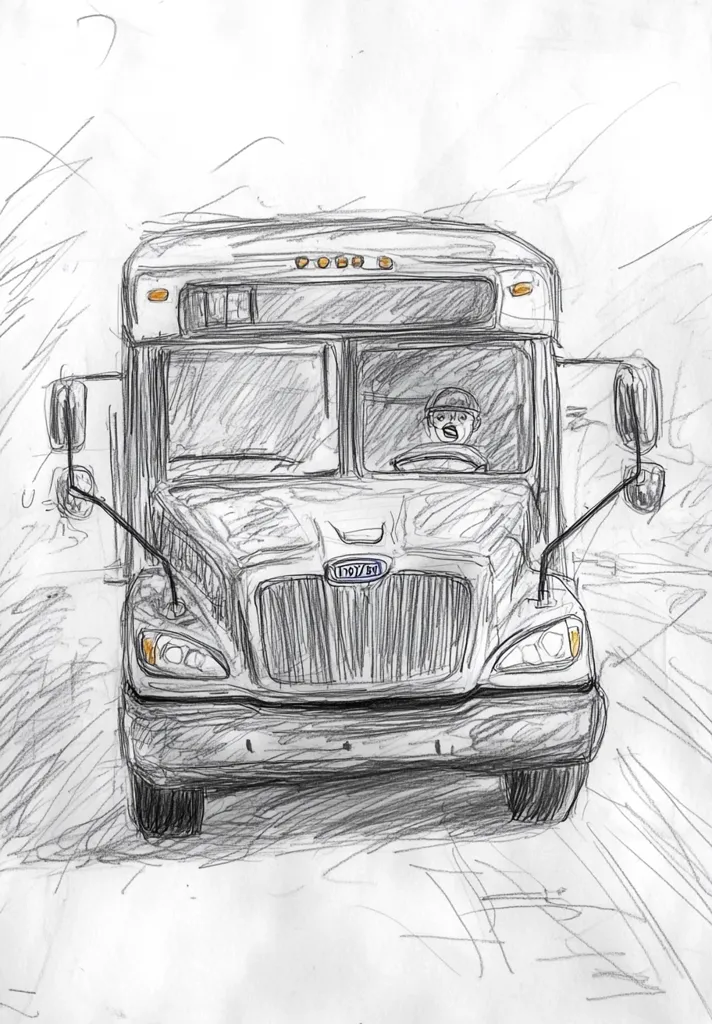 A pencil sketch depicts a school bus head-on.  The bus driver, visible through the windshield, appears startled or surprised.  The drawing style is loose and expressive, with visible pencil strokes and shading creating a sense of movement and speed.  The background is loosely sketched, suggesting motion blur or a fast-paced environment.  The overall impression is one of urgency or unexpectedness.