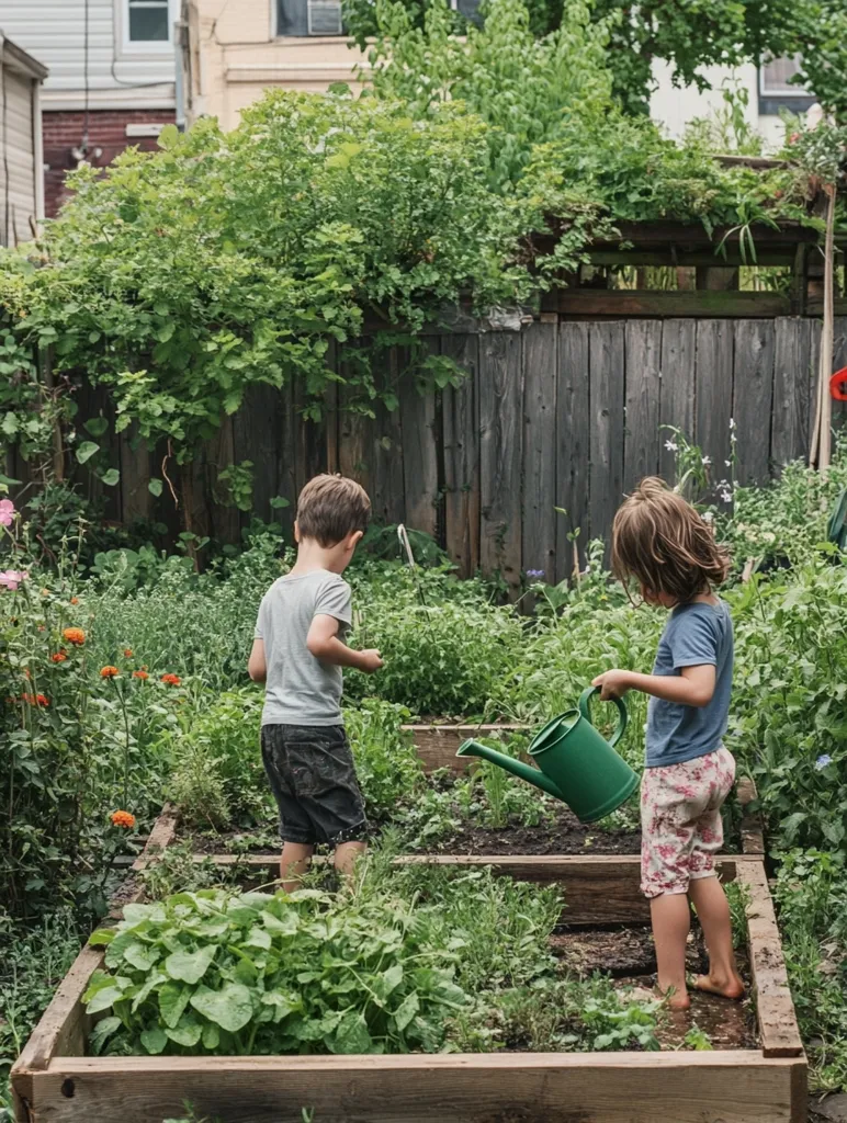 Two children tend a lush backyard garden.  One child, barefoot, waters plants from a green watering can in raised garden beds.  The other child observes nearby.  The garden is filled with various green plants and flowers, showing signs of healthy growth.  The wooden garden beds are neatly arranged, suggesting a well-maintained and cared-for space.