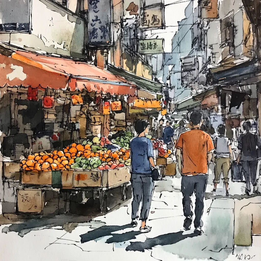 A watercolor painting depicts a bustling Asian market street scene.  A fruit stall overflowing with oranges and other produce dominates the foreground.  People stroll along the narrow street, their shadows stretching long on the pavement.  Shopfronts line the street, displaying Chinese characters on their signs.  The overall impression is one of vibrant activity and daily life in a densely populated area.