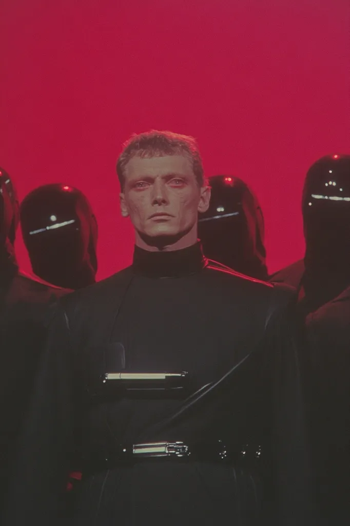 A man with short, light brown hair stands against a vibrant red backdrop. He's dressed in a black turtleneck and a dark, possibly leather, jacket or coat with a unique, metallic belt.  He is centrally positioned, surrounded by figures wearing black helmets and dark clothing, creating a stark contrast and suggesting a futuristic or dystopian setting.  The overall image is dramatic and visually striking.