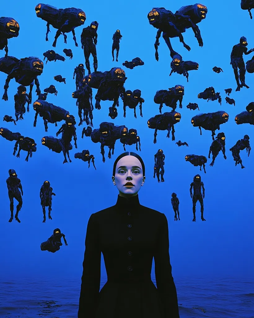 A woman in a black Victorian-style dress stands serenely before a vast blue sea.  Above her, a swarm of dark, bioluminescent creatures with multiple eyes floats in the air, creating a surreal and ominous atmosphere. The contrast between the woman's calm composure and the unsettling creatures emphasizes a sense of impending threat or otherworldly encounter.