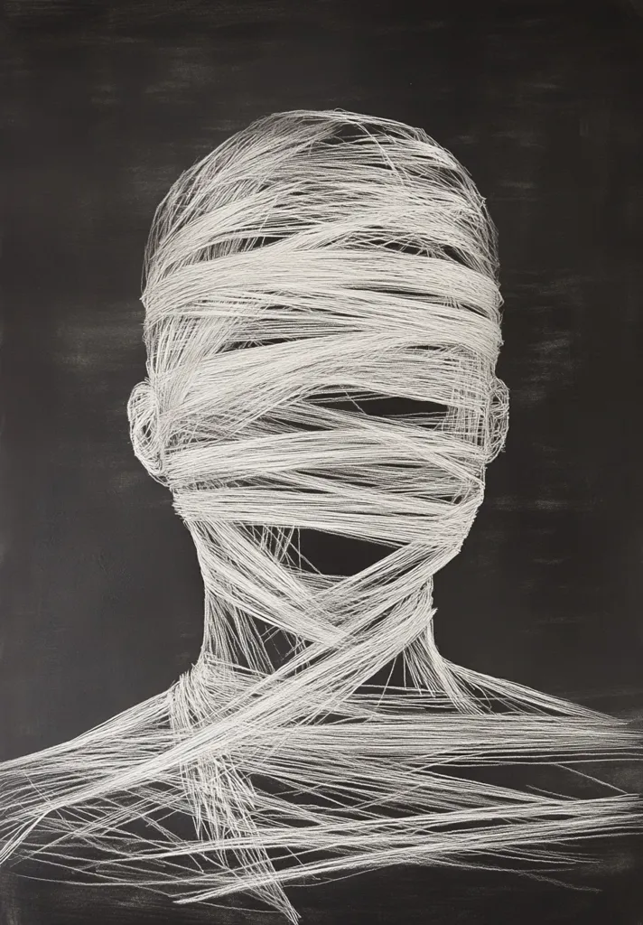 A monochrome artwork depicts a human-like form shrouded in a dense web of white thread against a dark background. The threads completely obscure the face and much of the body, creating a sense of confinement or concealment. The image evokes feelings of mystery, vulnerability, and perhaps mental or emotional entanglement. The contrast between the light threads and dark backdrop emphasizes the figure's isolation.