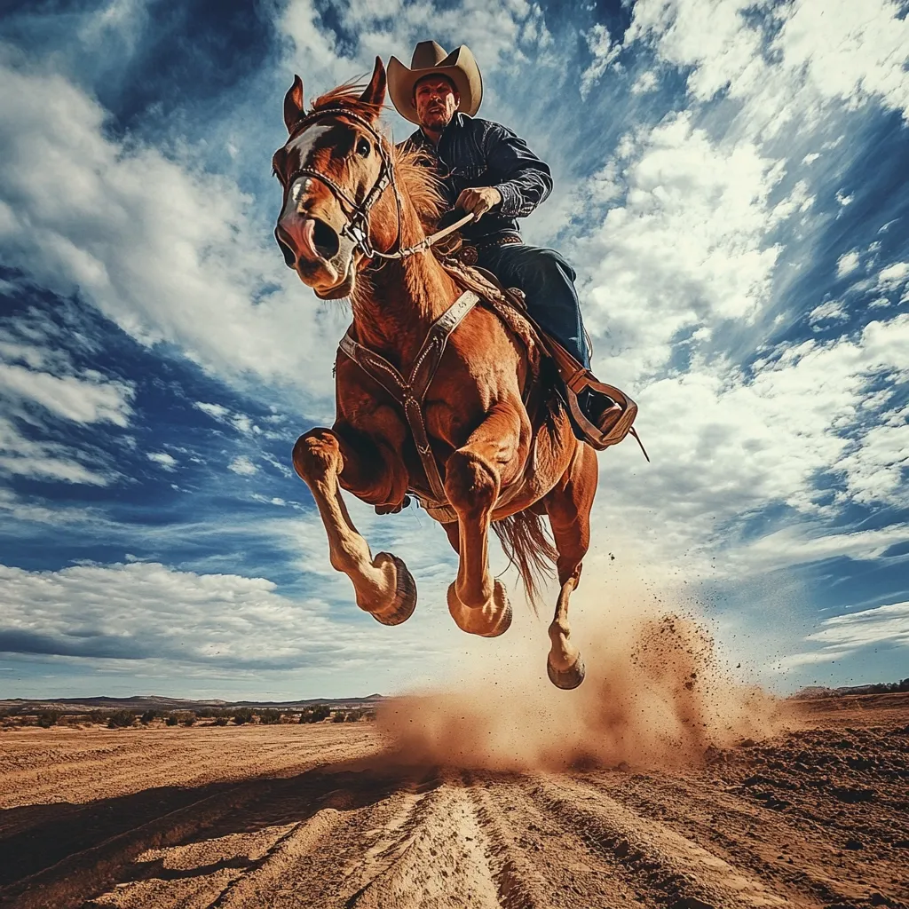 A cowboy in a hat and denim rides a chestnut horse at full gallop across a dusty desert landscape.  The horse's powerful legs are extended, kicking up a cloud of sand as it leaps forward under the dramatic, partly cloudy sky.  The low angle shot emphasizes the horse's speed and the vastness of the open space.