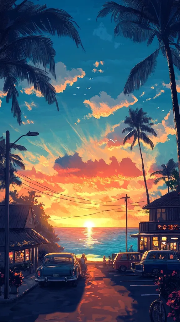 A vibrant sunset paints the sky with warm oranges and reds over a tranquil ocean. Palm trees sway gently in the evening breeze along a quaint street lined with shops. Classic cars are parked, and people stroll towards the beach. The scene evokes a sense of peace and tropical serenity, a picturesque moment captured in an idyllic coastal town.