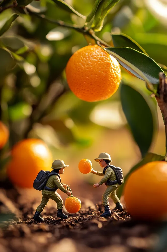 Two miniature soldiers, carrying backpacks, are playfully interacting amidst a kumquat orchard.  One soldier holds a kumquat, while the other playfully tosses one in the air.  Large, ripe kumquats hang from branches in the background, creating a vibrant, whimsical scene. The setting is sun-drenched, with lush green foliage.