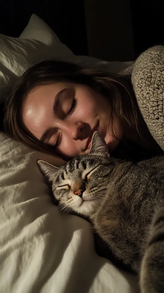 A young woman sleeps soundly in bed, her face gently resting on a tabby cat.  The cat is also asleep, nestled close to the woman. Soft, warm light illuminates the scene, highlighting the peaceful slumber of both human and feline companion. The woman wears a light-colored sweater.  The overall mood is one of quiet contentment and warmth.