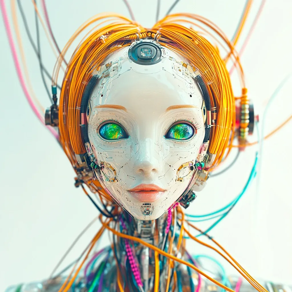 A close-up portrait of a female android.  Her porcelain-like face features vibrant green eyes and intricate circuitry visible beneath a translucent skin.  Bright orange wires form a halo around her head, while multicolored wires extend from her neck and shoulders, showcasing a complex internal system. The overall aesthetic is futuristic and otherworldly.