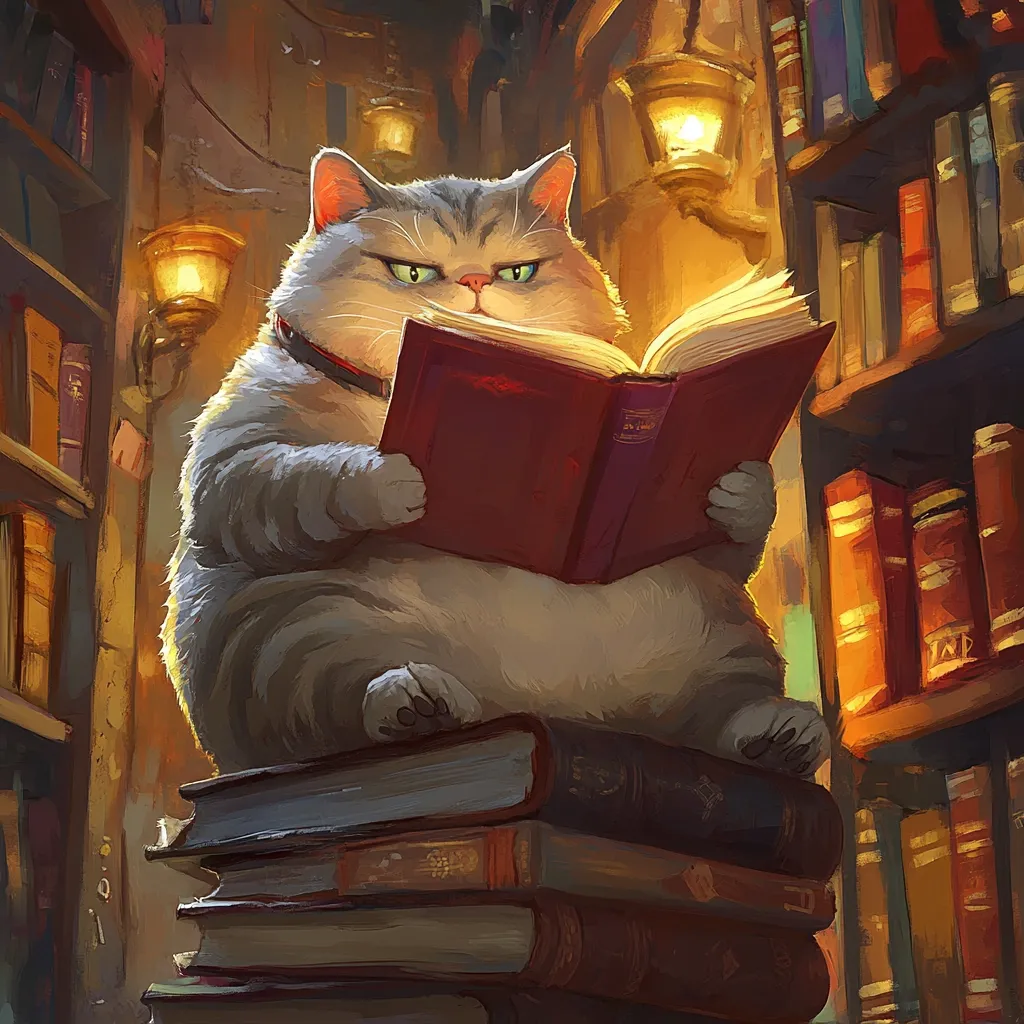 A plump, grey tabby cat sits amidst a towering stack of books in a dimly lit library.  The cat, wearing a collar, intently reads a large, red book, its paws neatly holding the pages open.  Warm light from nearby lanterns illuminates the scene, highlighting the rich colors of the bookshelves filled with countless volumes.  The overall ambiance suggests a cozy, scholarly setting.