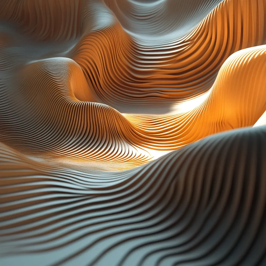 The image showcases an abstract three-dimensional landscape.  Smooth, undulating waves of a light beige material create a flowing, organic form.  The surface is composed of thin, parallel lines, suggesting layers or strata.  Light highlights the peaks of the waves, enhancing the sense of depth and texture. The overall effect is one of serene complexity and elegant movement.