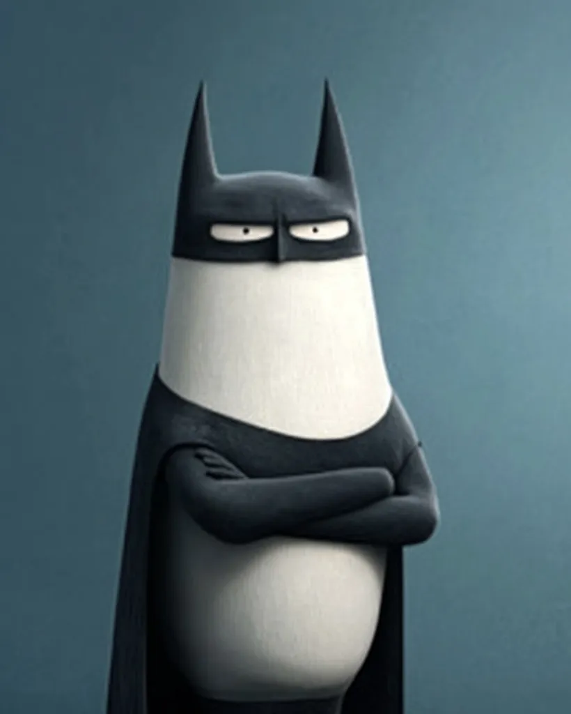 A stylized illustration depicts a Batman-esque character.  The figure is rotund with a white, smooth body and a black cape and cowl.  Its arms are crossed, and its expression is one of stern disapproval. The overall style is minimalist and humorous, contrasting the typical brooding image of Batman. The background is a muted teal.