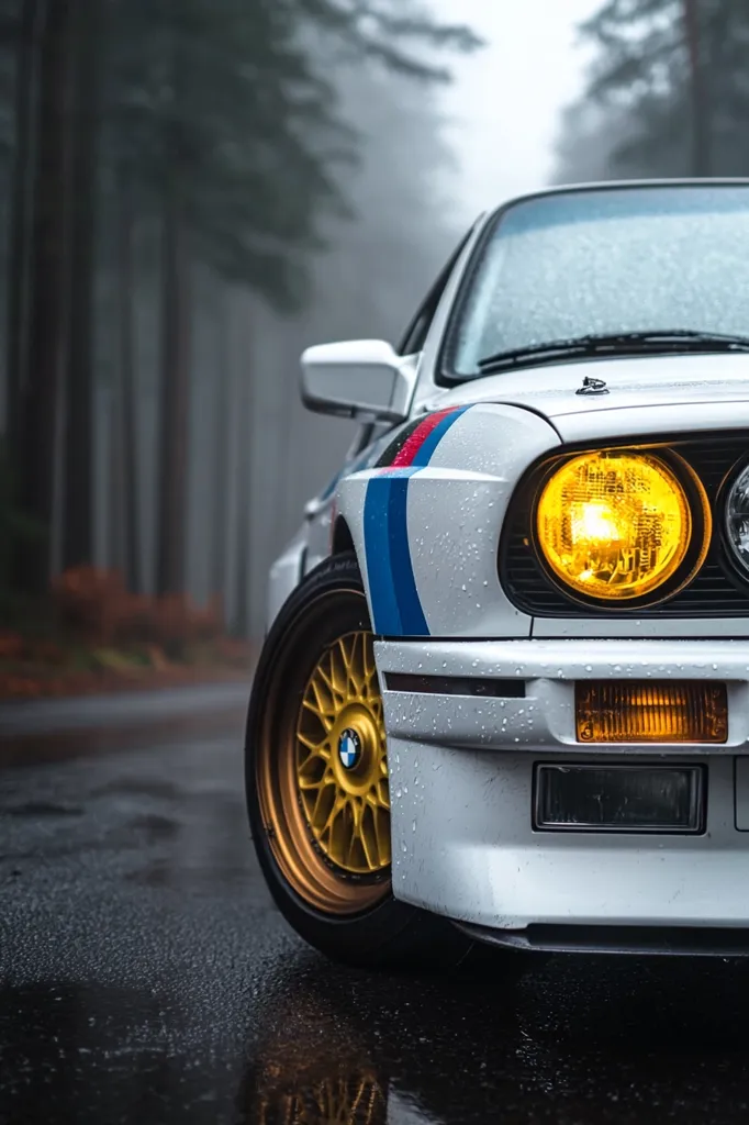 A close-up shot of a classic white BMW E30, adorned with racing stripes, sits on a rain-slicked road.  The car's gold BBS wheels and yellow fog lights are prominent. The background is blurred, showing a misty forest, creating a moody atmosphere. The image focuses on the car's front end, highlighting its details and classic design.  Water droplets are visible on the car's body.