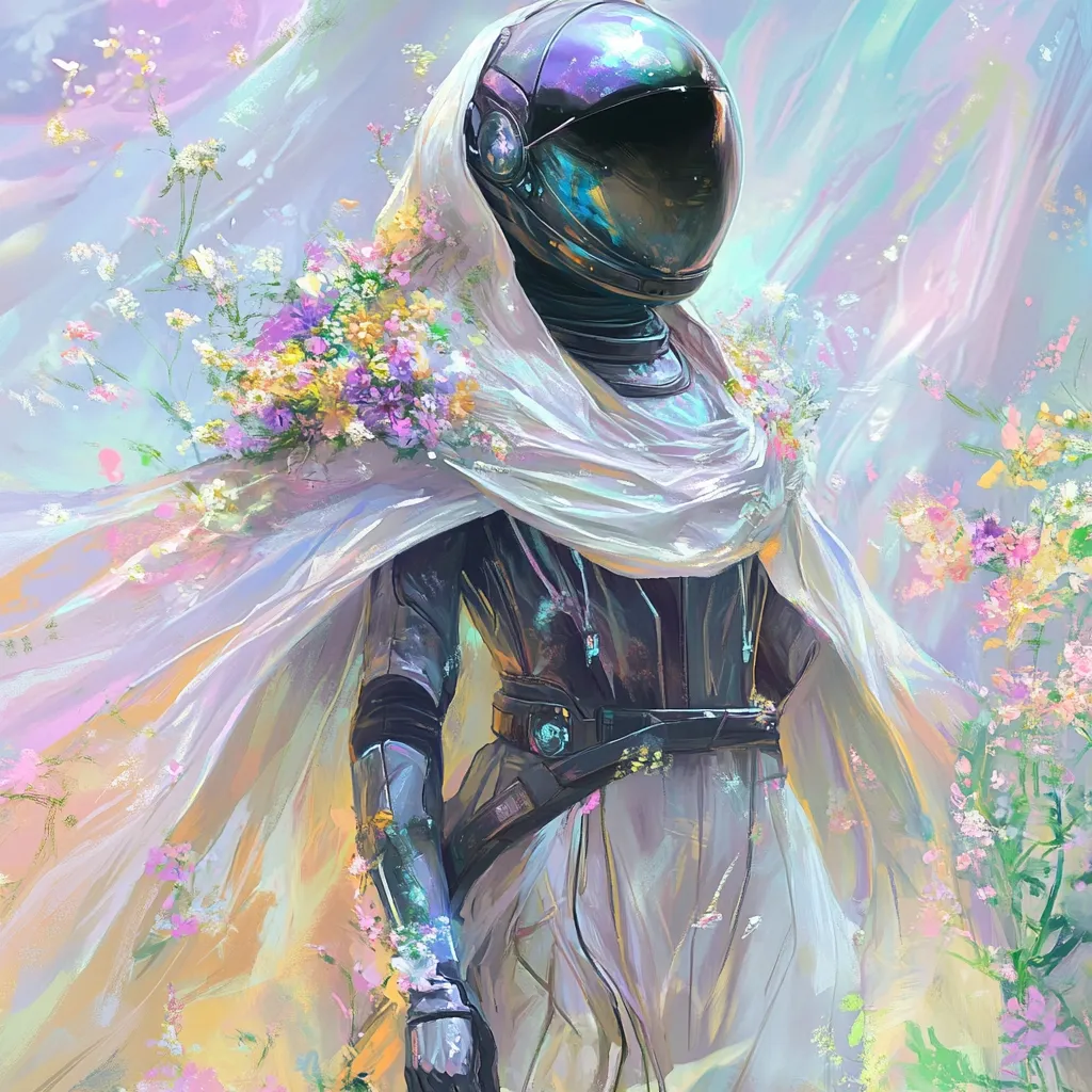 A digital painting depicts a figure in a dark, futuristic spacesuit, adorned with a flowing, sheer white cape embellished with wildflowers.  The pastel background suggests a dreamlike or ethereal setting. The astronaut's helmet is reflective, partially obscuring their face, adding to the mystical atmosphere. The contrast between the technological elements and the delicate floral details creates a striking juxtaposition.