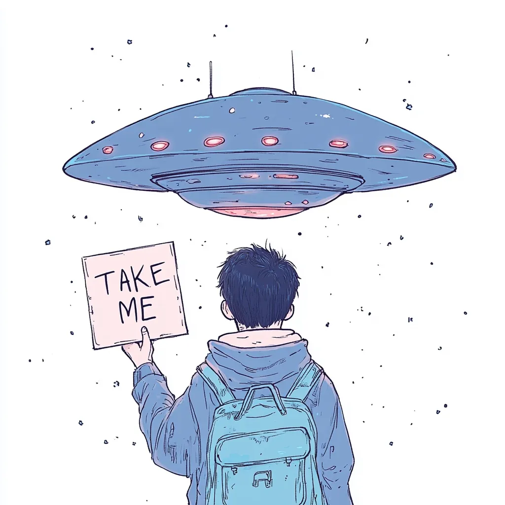 A person with a backpack stands with their back to the viewer, holding a sign that reads "TAKE ME."  Above them hovers a classic, saucer-shaped UFO, seemingly in response to their plea. The illustration is in a minimalist style with pastel colors, creating a whimsical yet slightly melancholic atmosphere.  The background features scattered dots, suggesting a starry sky.