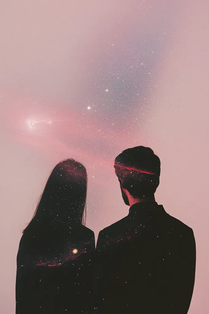 A surreal image depicts a couple standing back-to-back against a soft pink sky speckled with stars.  Their silhouettes are partially transparent, revealing a cosmic nebula interwoven within their forms.  The overall effect is dreamy and romantic, suggesting a deep connection transcending the physical world.  The pink hues create a gentle, ethereal atmosphere.