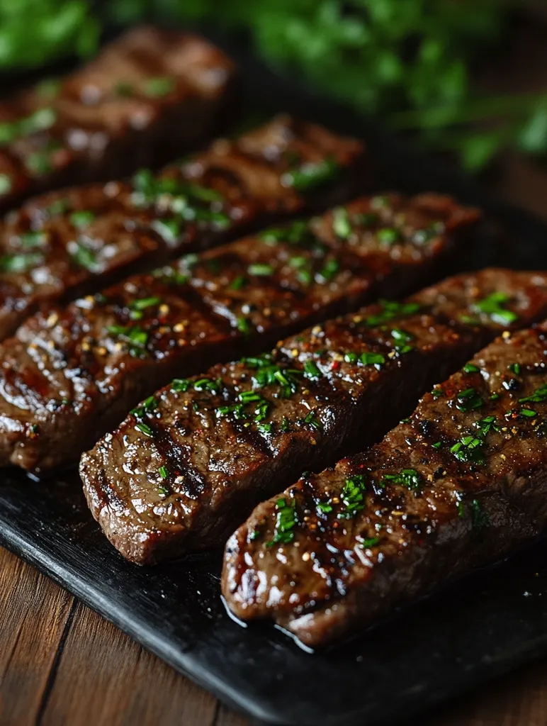 Four grilled steak strips are arranged on a dark slate board.  Each steak is generously seasoned and displays beautiful grill marks.  A sprinkle of fresh herbs adds a pop of color and freshness. The steaks are juicy and appear perfectly cooked, resting on a dark wooden surface.  The overall image evokes a delicious and satisfying culinary experience.