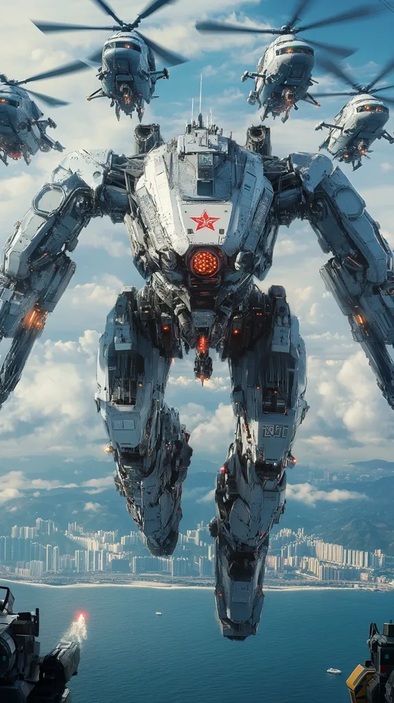 A colossal, futuristic mech, emblazoned with a red star, dominates the sky above a coastal city.  Several attack helicopters escort the mech, suggesting a military operation. The mech's design is intricate and detailed, showcasing advanced technology. The scene is rendered with hyperrealistic detail, creating a dramatic and imposing visual. The city below offers a stark contrast to the imposing scale of the airborne behemoth.