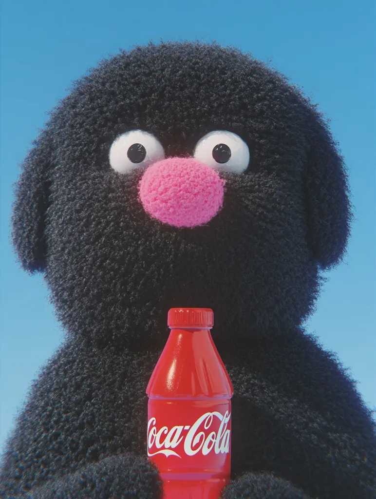 A fluffy black creature, resembling a small bear or dog, holds a Coca-Cola bottle.  Its large, expressive eyes and pink nose contrast with its dark fur. The image is set against a bright blue background, creating a visually appealing and whimsical scene. The overall style is playful and cartoonish.