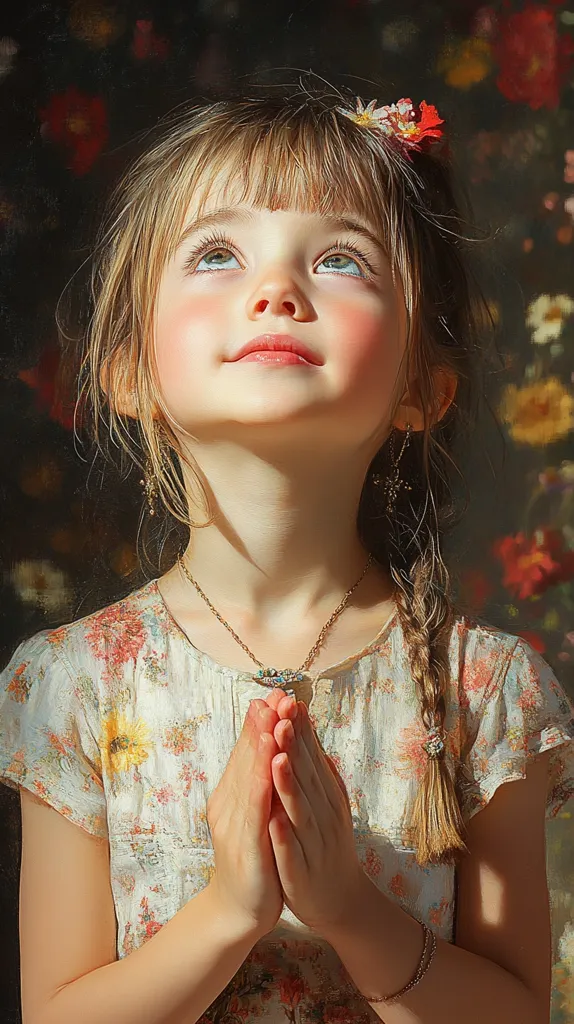 A young girl with blonde hair and rosy cheeks gazes upward with her hands clasped in prayer.  She wears a floral dress, a delicate necklace, and small flower hair clips.  Sunlight illuminates her face, creating a soft, ethereal glow against a blurred background of flowers. The overall image evokes a sense of innocence and peaceful devotion.