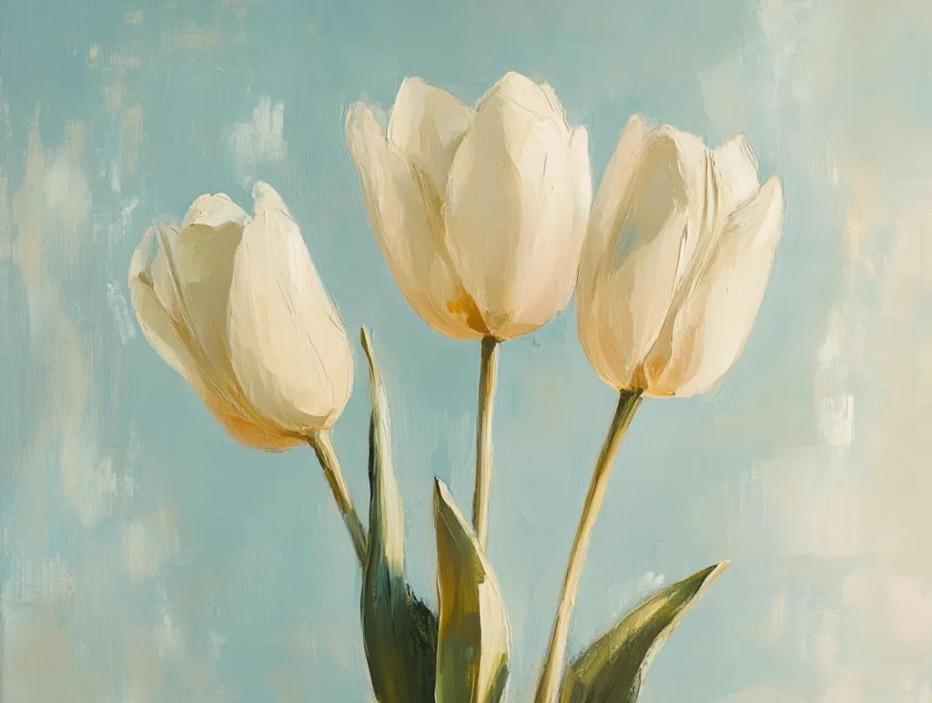 A painting of three creamy-white tulips against a pale blue background. The tulips are depicted in a realistic style with visible brushstrokes, showcasing their delicate petals and stems.  The artist uses soft, muted colors creating a serene and peaceful mood. The light blue background suggests a sky, enhancing the overall tranquil atmosphere.