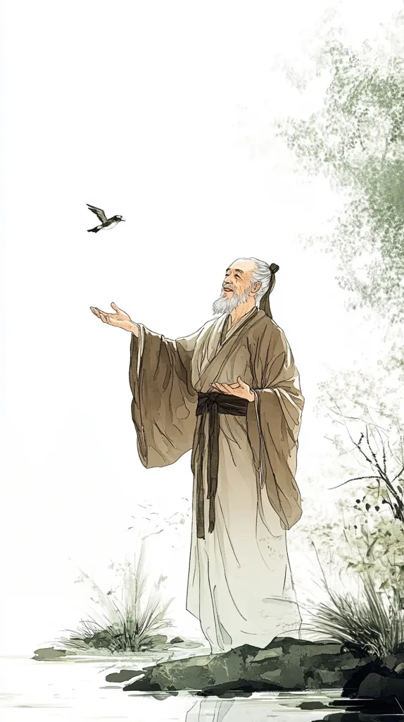 An elderly man with a long white beard, dressed in flowing beige robes, stands by a tranquil body of water.  He gazes upwards with a serene expression, his arms outstretched as a small bird flies nearby.  The scene is painted in a soft, painterly style, evoking a sense of peace and contemplation amidst a natural setting.  The background features muted greens and grays suggesting foliage and water.