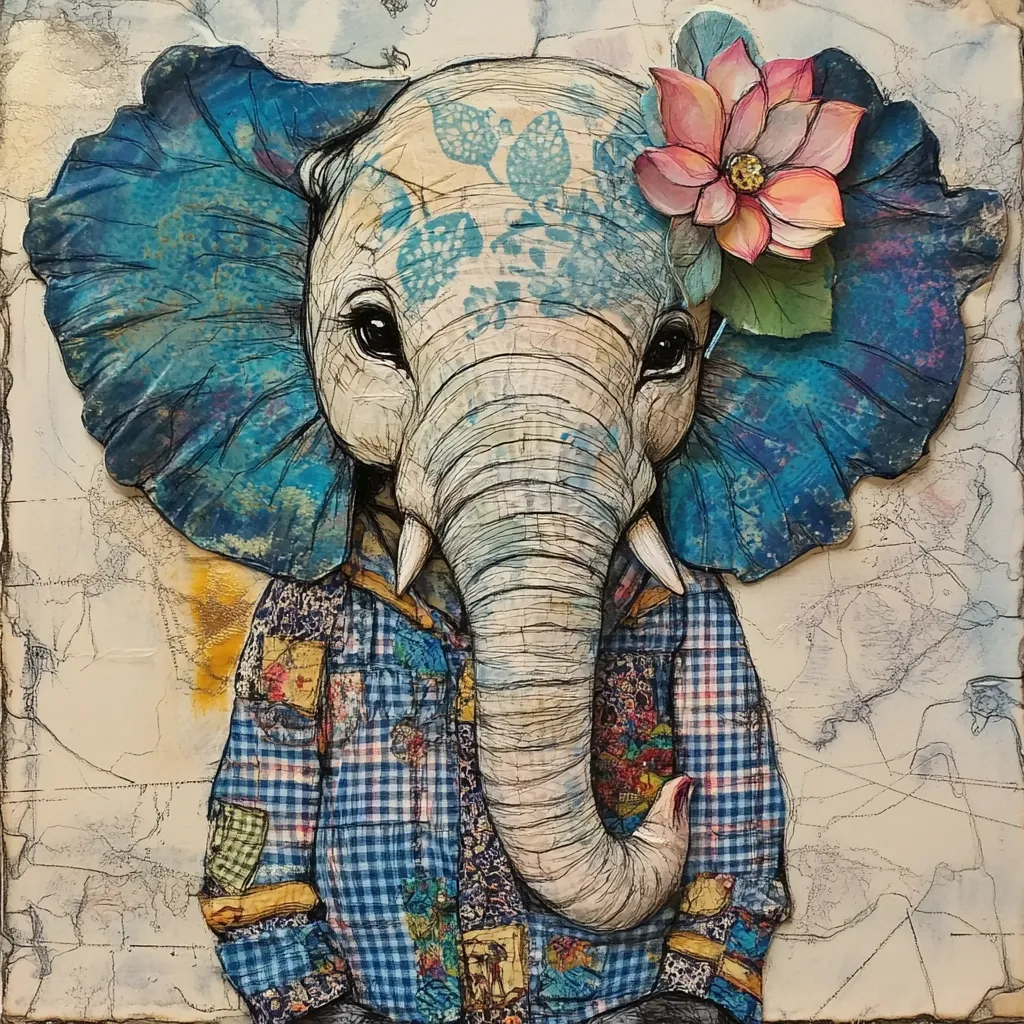 A mixed-media artwork depicts an elephant wearing a blue and white patchwork shirt.  The elephant's ears are stylized with vibrant blue hues, and a pink lotus flower adorns its head.  The background is a textured off-white with subtle map-like markings. The style is whimsical and layered, with detailed linework and textured surfaces creating a three-dimensional effect.